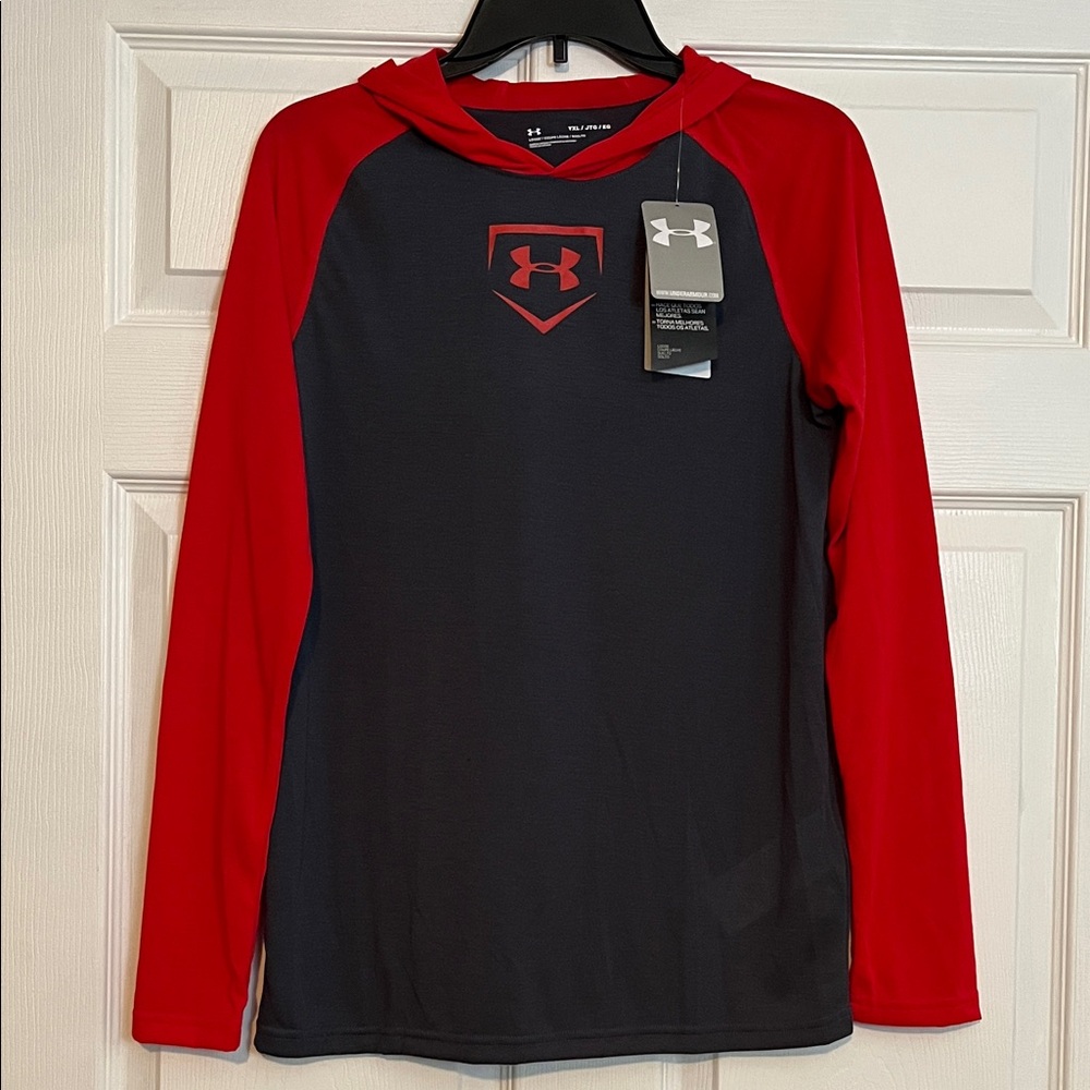 Under Armour Lightweight Logo Hoodie - Boys YXL, Gray and Red, Loose Fit - NWT